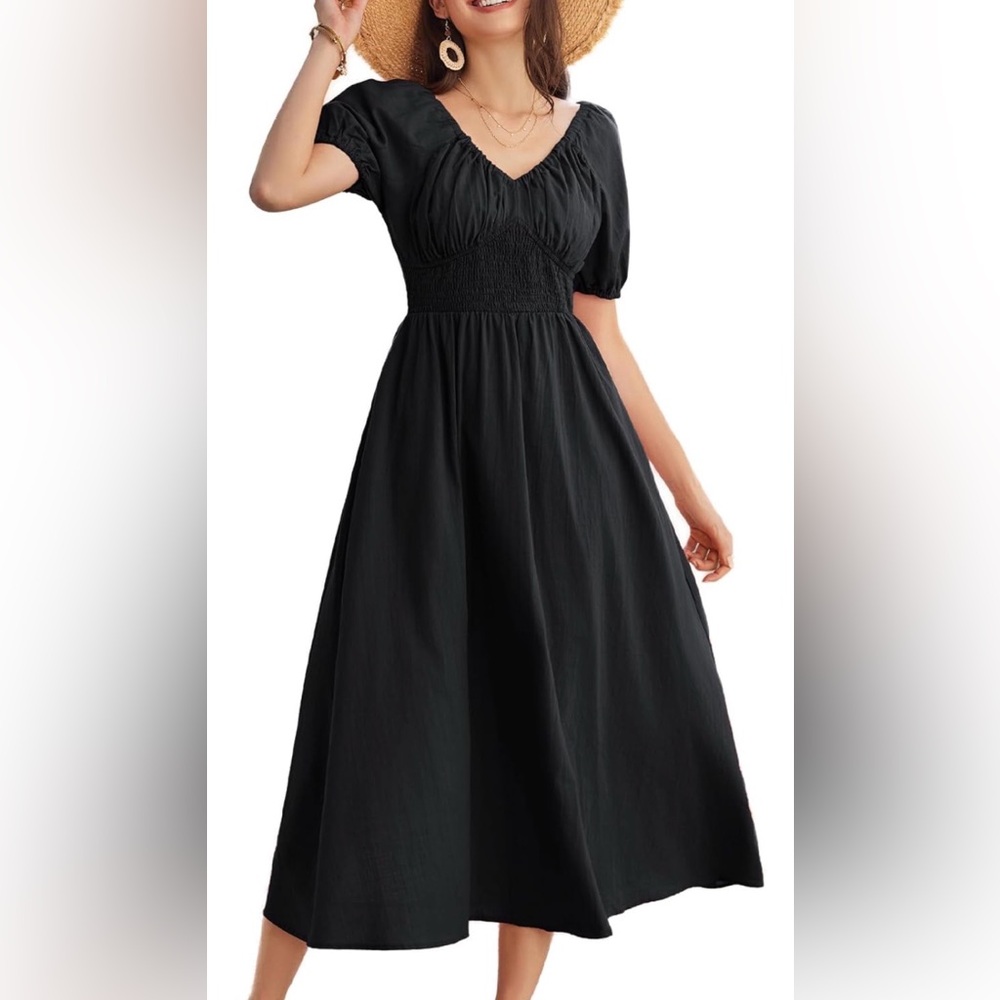 Amazon Black Puff Sleeve Smocked Waist Midi Dress